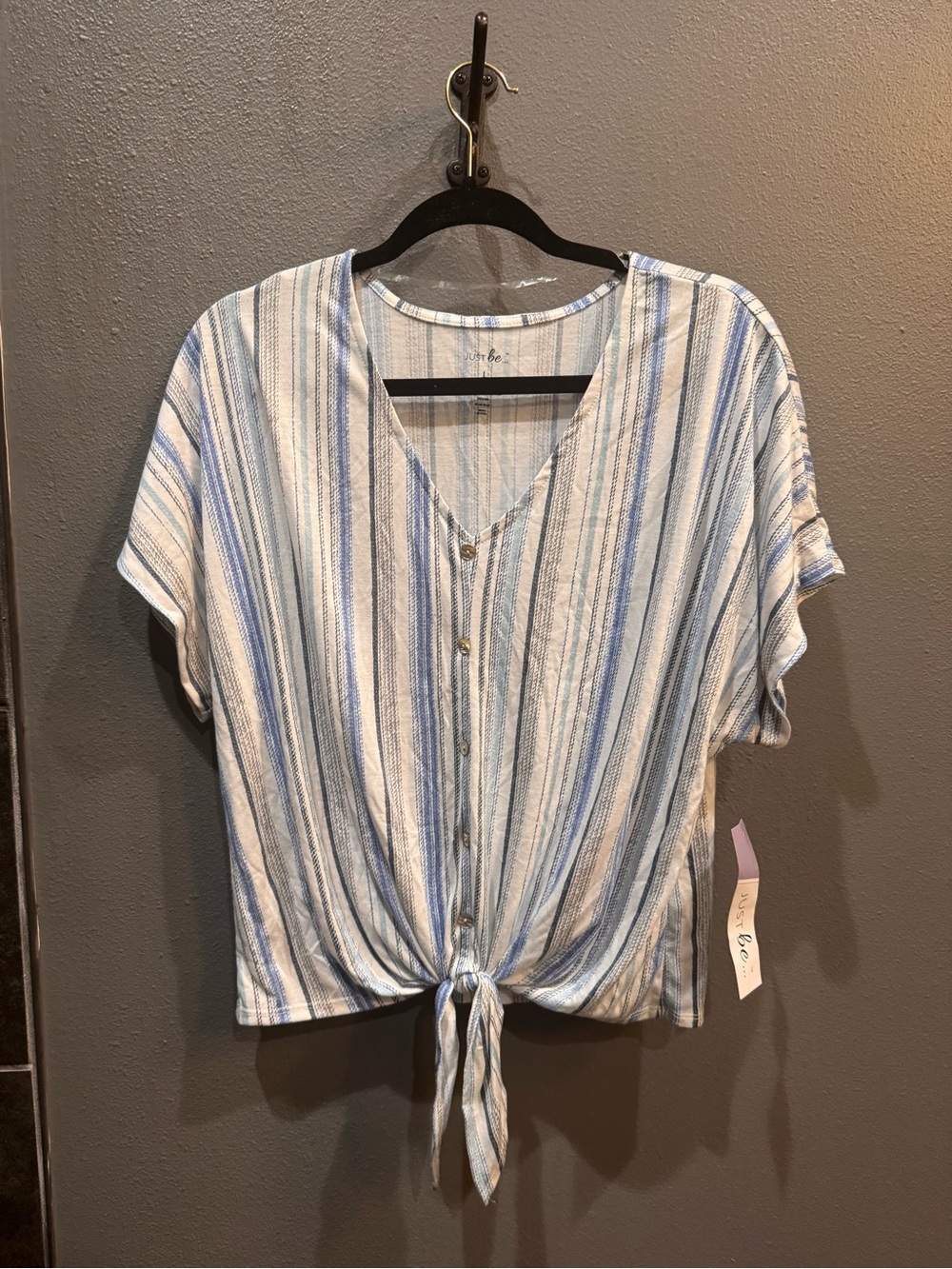 just be Blue & White Striped Tie-Front Button V-Neck Top